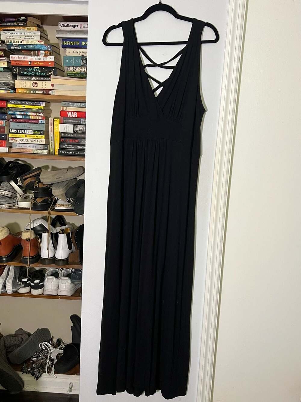 Loveappella V-Neck Crisscross Back Sleeveless Jersey Maxi Dress, Black, 2X